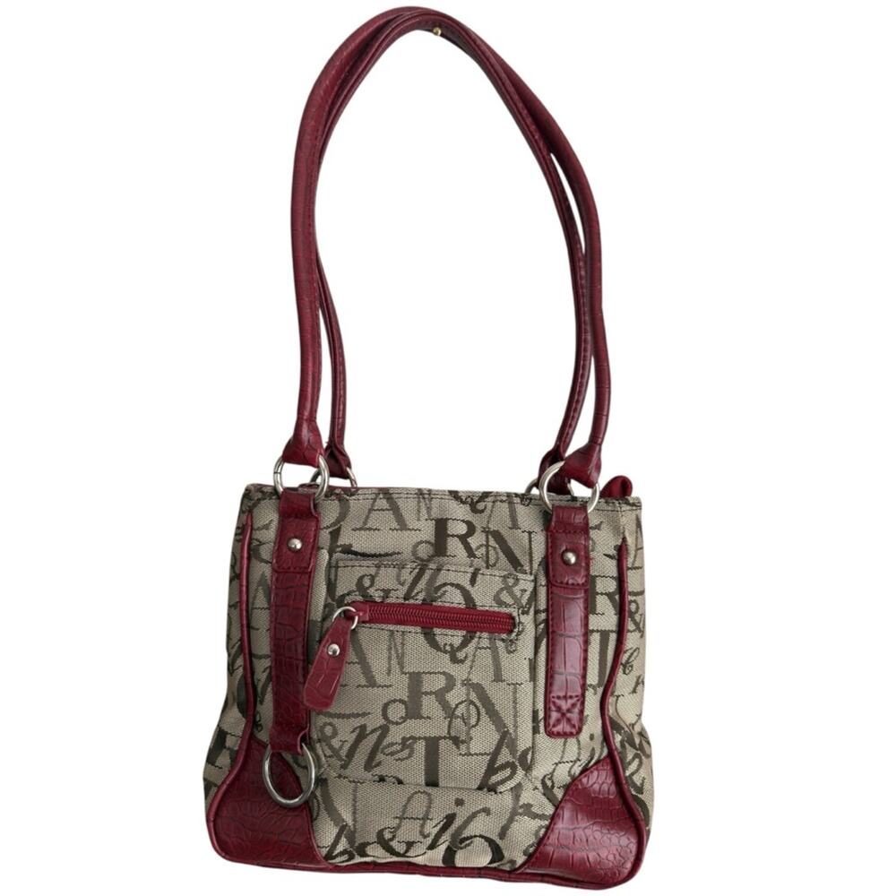 Y2K Script Print Canvas Shoulder Bag Red Croc Trim Mini Tote Sag Harbor